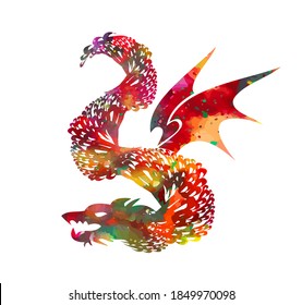 Rainbow graphic dragon. Mixed media. Vector illustration