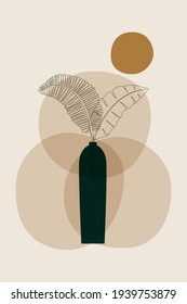 Rainbow Green Boho Leaf Vase Plant Sun Minimalist Printed Wall Art Geometric Abstract Print Bohemian Art work, vector crescent, poster vintage illustration