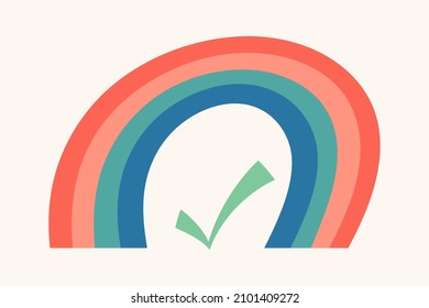 Regenbogen mit grünem Prüfzeichen, flacher Vektorgrafik, bunte Illustration einzeln auf weißem Hintergrund. Korrigieren Sie das Markierungszeichen und das Farbbogensymbol. Gute Auswahl, ok genehmigt einfache Grafik, Erfolg