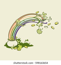 Rainbow, green leaf lucky clover and pot with gold. Eps-8 vector illustration