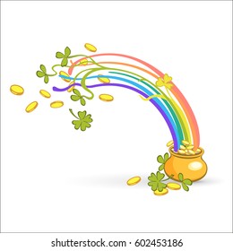Rainbow, green leaf lucky clover and pot with gold. Vector illustration