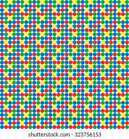 rainbow green, red, blue, yellow & white simplified polka dot pattern, seamless texture background