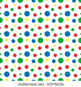 rainbow green, red, blue, yellow & white modern polka dot pattern, seamless texture background