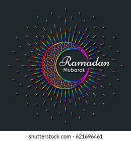 Rainbow Greeting Card for celebration of Holy Month Ramadan Kareem. Dark vector line art background with colorful moon