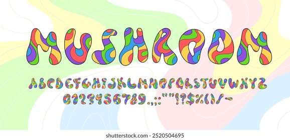 Regenbogen groovy Schriftart, psychedelische Art, Retro 60s Hippie-Schriftart, fett gewellt Buchstaben und Zahlen mit Vektor funky Muster von bunten Wirbel. Englisch abc character groovy font or hippy type