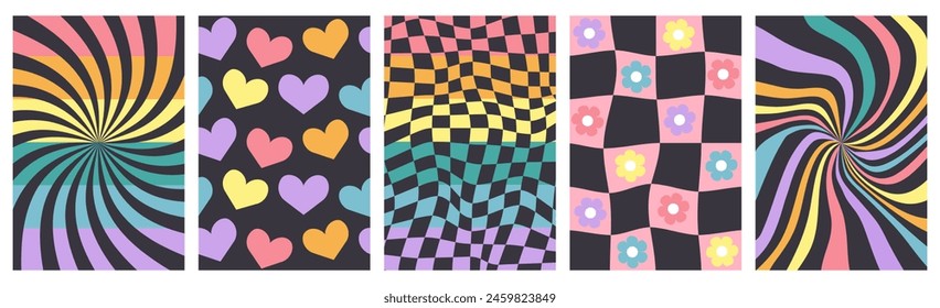 Rainbow groovy poster set. Psychedelic distorted pattern collection for banner, greeting card, party. LGBT Pride month. Trendy retro vector illustration isolated on dark background