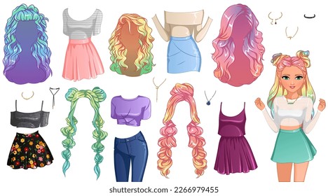 Rainbow Hair Cute Cartoon Character Paper Doll with Hairstyles, Clothing and Accessories. Vector Illustration