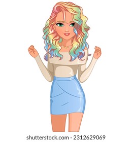 Rainbow Hairstyle Female Cute Cartoon Charakter. Vektorgrafik