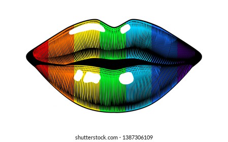 Arcoiris medio labios abiertos, labios sexys. Símbolo de amor LGBT.  Dibujo estilizado de grabado de época. Ilustración vectorial.