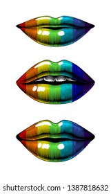 Rainbow half open lips, sexy lips. LGBT love symbol.  Vintage engraving stylized drawing. Vector illustration.