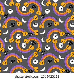 Rainbow Halloween with pumpkin moon in Fall background 