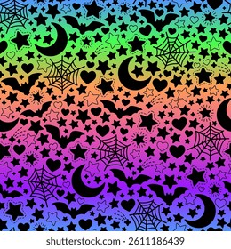 Rainbow Halloween seamless pattern. Black silhouettes on gradient background