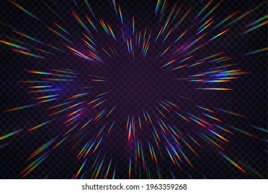 Rainbow halo rays isolated on dark transparent background. Holographic lens flare reflections. Vector realistic illustration of prism radial refraction sunbeams.