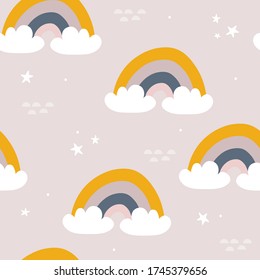 Rainbow, hand drawn backdrop. Colorful seamless pattern with clouds, stars. Decorative cute wallpaper, good for printing. Overlapping colored background vector. Design illustration