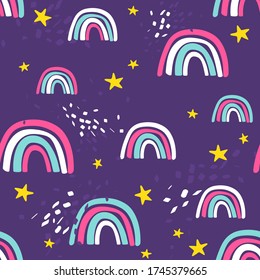 Rainbow, hand drawn backdrop. Colorful seamless pattern with stars. Decorative cute wallpaper, good for printing. Overlapping colored background vector. Design illustration