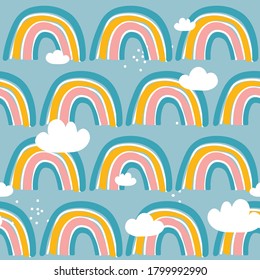 Rainbow, hand drawn backdrop. Colorful seamless pattern with clouds. Decorative cute wallpaper, good for printing. Overlapping colored background vector. Design illustration
