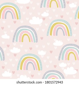 Rainbow, hand drawn backdrop. Colorful seamless pattern with clouds, hearts. Decorative cute wallpaper, good for printing. Overlapping colored background vector. Design illustration