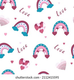 Rainbow, hand drawn backdrop. Colorful seamless pattern with clouds, hearts, love lettering. Creative kids style texture for fabric, wrapping, textile, wallpaper, apparel. Surface pattern design.