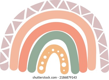 Rainbow hand drawn in boho style. Pastel color hand-drawn nursery modern rainbow poster. Cute design for baby shower, kids clothes print, card. Scandinavian minimalist style.