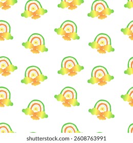 Rainbow hand drawn in cute baby style. Rainbow in bright green colors with clouds cute seamless pattern on white background. Suitable for nursery, covers, banners, wallpapers, cards, wrapping paper