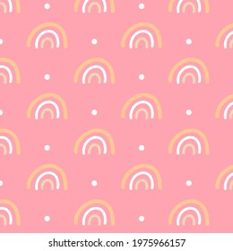 Rainbow hand drawn doodle seamless pattern pink background vector wallpaper childish scandinavian style
