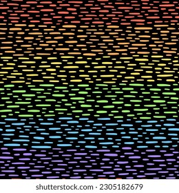 Rainbow hand drawn doodle uneven strokes texture. Black backdrop. Specks, flecks, dashes, tiny stripes seamless vector pattern. Speckled abstract chaotic lgbt colors background. Border, frame template