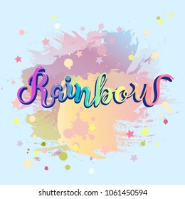 Rainbow hand drawn lettering as logotype, badge, icon isolated on pastel colors background. Template for party, happy birthday card, invitation, flyers, baby birth. 