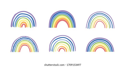 Rainbow Hand Drawn Outline Doodle Vector Set. Simple Cute Style, Soft Pastel Colors.