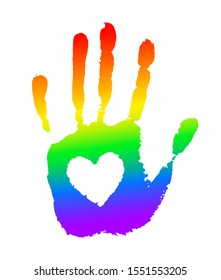 Rainbow hand print with heart isolated on white. Pride LGBT symbol. Stop homophobia poster.