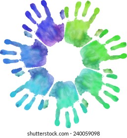 Rainbow handprints. Watercolor template. Vector illustration. Decorations for the annual Holi festival
