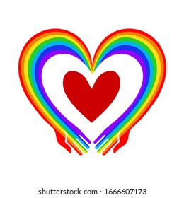 Rainbow hands with heart vector illustration. Metaphor of love