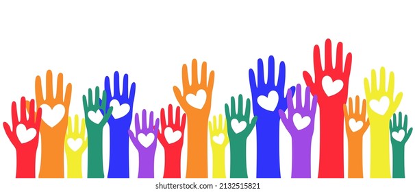 Rainbow hands with hearts, love is love, vector illustration on an isolated background. Vector illustration in support of LGBT communities