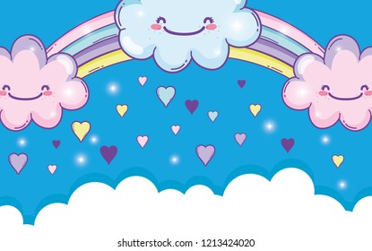 rainbow with happy fluffy clouds and hearts