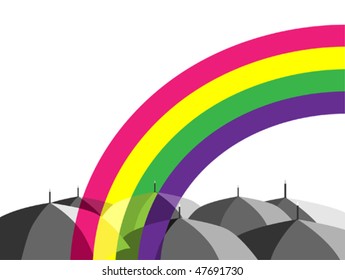 The rainbow has painted crowd of black-and-white umbrellas colours