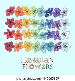 Rainbow hawaiian flower lei set. Plumeria leis in different colors with lettering.