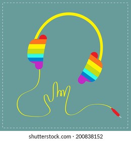 Rainbow headphones with cord in shape of hand. Rock and roll sign. Blue background. Music card. Vector illustration