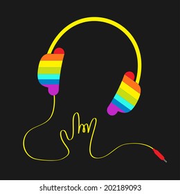 Rainbow headphones with cord in shape of hand. Rock and roll sign. Music card. Vector illustration