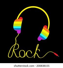 Rainbow headphones with cord in shape of word rock. Music card. Vector illustration