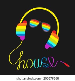 Rainbow headphones with cord in shape of word house and glasses. Music card. Vector illustration