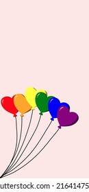 Globos de corazón arco iris en la esquina izquierda en el fondo rosa claro con espacio. Ilustración del vector