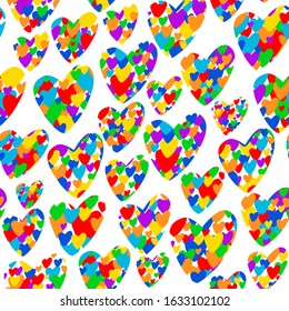 Rainbow heart bubbles confetti seamless vector pattern