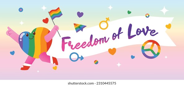 Carácter Corazón Arcoiris Corre Con Bandera Y Cabo Blanco Con Libertad De Amor Texto, Vector, Ilustración
