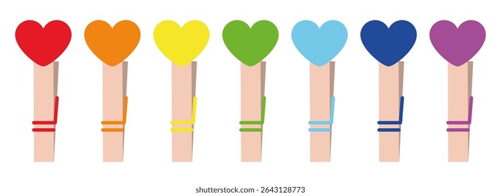 Rainbow Heart Clothespins Set. Colorful Wooden Pegs with Love Symbols in Colors Isolated for Valentine's Day, DIY Crafts, Decor, and Creative Design Projects