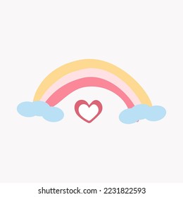Arcoiris con corazón y nubes sobre blanco