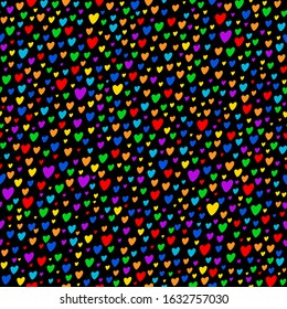 Rainbow heart confetti seamless vector pattern with black background