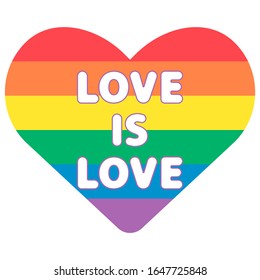 Rainbow heart flat style. Love is love romantic quote. Isolated vector icon
