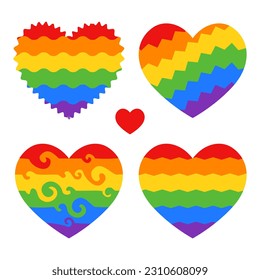 Rainbow heart and flower shaped hearts in colors of LGBTQ flag isolated on white background. Set of LGBT symbols. Vector elements for Pride Month design, sticker pack