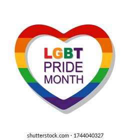 Rainbow heart frame isolated on white background. LGBT pride month. Gay rights symbol. Conceptual vector illustration.  Flat design element for sticker, leaflet, poster.