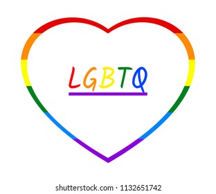 Rainbow heart frame and rainbow LGBTQ text, the colors of LGBT pride flag, symbol of lesbian, gay, bisexual, transgender, and queer/questioning (LGBTQ). Vector illustration, EPS 10, isolated on white 