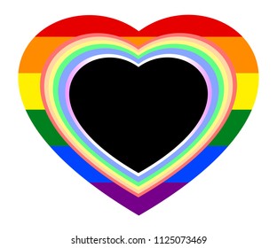 Rainbow heart frames on rainbow striped heart, colored symbol of LGBT pride flag or LGBTQ (lesbian, gay, bisexual, transgender, and queer/questioning). Vector illustration. Love, valentines concepts.